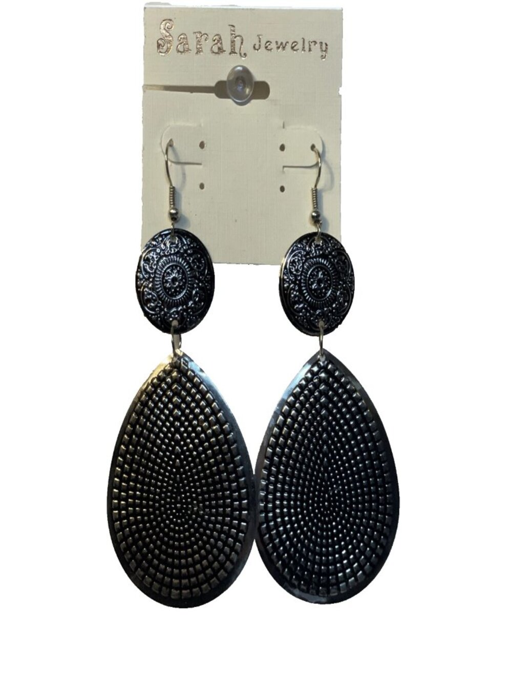 Sarah Jewelry Black Silver Teardrop Dangle Earrings Boho Textured Dotted Drop